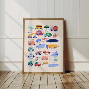 K&ouml;nnte beinhalten: Ein farbenfroher Alphabet-Chart mit Illustrationen verschiedener Fahrzeuge, darunter ein Flugzeug, ein Bus, ein Auto, ein Kipplaster, ein Bagger, ein Feuerwehrauto, ein M&uuml;llwagen, ein Hubschrauber, ein Jetski, ein Kajak, eine Limousine, ein Motorrad, ein Marineschiff, ein Tankwagen, ein Polizeiauto, ein Quad, ein Rennwagen, ein U-Boot, ein Traktor, ein Einrad, ein Van, ein Wagen und ein Zeppelin. Jedes Fahrzeug ist mit seinem entsprechenden Buchstaben beschriftet.