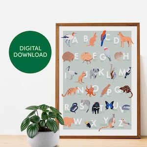 Printable Alphabet Poster Australian Animal Digital Download ABC Print Nursery Decor Children's Educational Art Green image 2