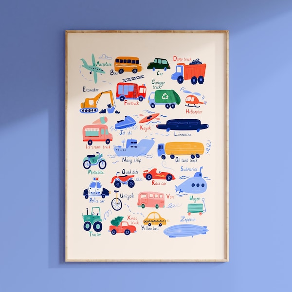 Transport Alphabet Poster for Children's Nursery. Educational Wall Art with bright watercolor vehicles