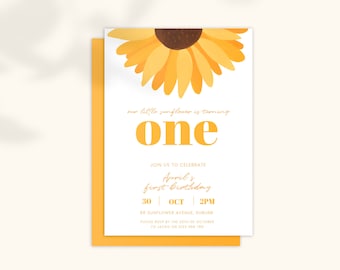 First Birthday Party Invitation: 1st Birthday Sunflower Floral Yellow Bright; Digital Download Editable Template 5x7 Printable