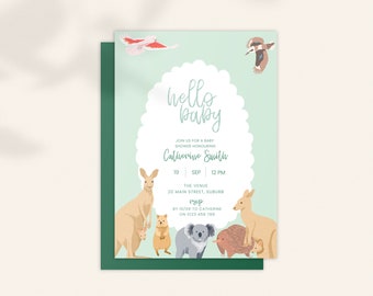 Baby Shower Invitation: Australian Animals. Sage Green. Koala. Kangaroo. Quokka. Echidna; Digital Download Editable Template 5x7 Printable