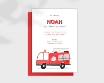 Children's Birthday Party Invitation: Fire Truck. Watercolour Fire Engine. Digital Download Editable Template 5x7 Printable