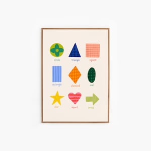 Póster imprimible de formas coloridas para niños. Arte mural educativo para el dormitorio, la sala de juegos o el aula de los niños. Descarga digital imprimible
