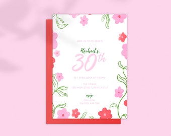 Birthday Invitation: Hand Drawn Pink & Green Florals Hand Drawn Flowers. Bold Colourful; Digital Download Editable Template 5x7 Printable