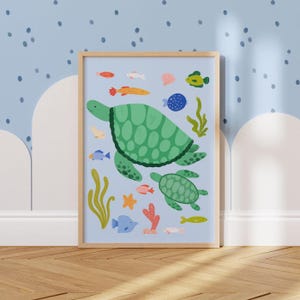 Printable Turtle Mum & Baby Print for Nursery or Childs Bedroom. Cute Underwater Wall Art with Bright Watercolour Sea Life. Digital Download