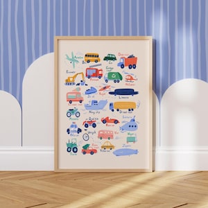 Transport Alphabet Poster for Children's Nursery. Bright Watercolour Vehicles. Printable Digital Download image 1