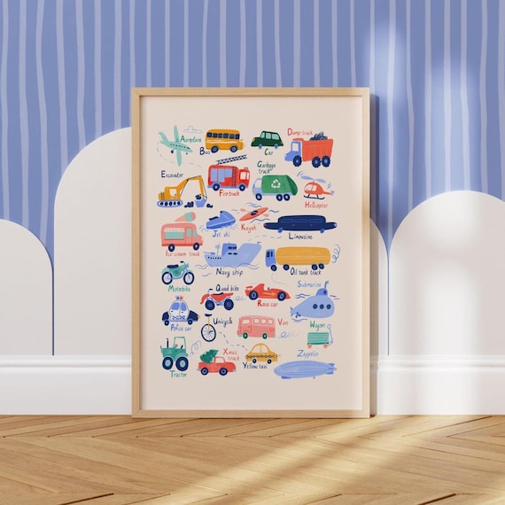 Transport Alphabet Poster for Children's Nursery. Bright Watercolour Vehicles. Printable Digital Download