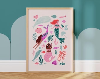 Mermaid Nursery Print: Ocean Critters Kids Bedroom Decor (Digital Download)