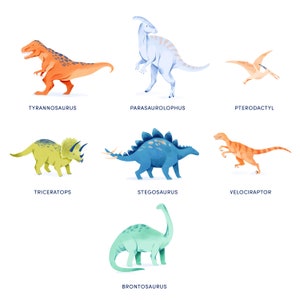 May include: Watercolor illustration of seven dinosaurs on a white background. The dinosaurs include a Tyrannosaurus, Parasaurolophus, Pterodactyl, Triceratops, Stegosaurus, Velociraptor, and Brontosaurus. Each dinosaur is labeled with its name.