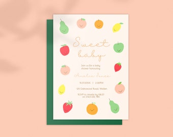Baby Shower Invitation: Sweet Baby Fruit Invite. Bright Fun Cute Gender Neutral. Digital Download Editable Template 5x7 Printable