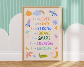 Digital Download Affirmations Print for Kids. Colourful Illustrated &quot;I am...&quot; Positive Affirmations Printable Poster