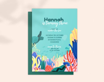 Children's Birthday Party Invitation: Under The Sea. Ocean. Under Water. Coral Reef; Digital Download Editable Template 5x7 Printable