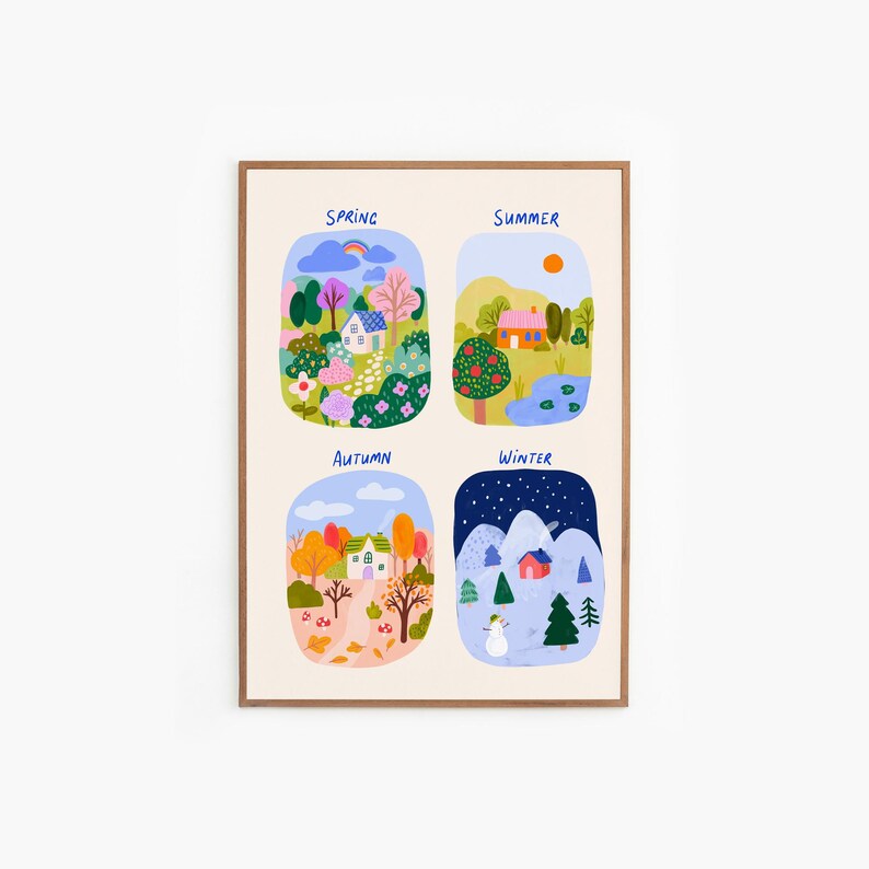 May include: A framed art print showing four seasonal illustrations: Spring, Summer, Autumn, and Winter. Each scene includes houses, trees, and seasonal details. The words "Spring", "Summer", "Autumn", and "Winter" are written above each scene.
