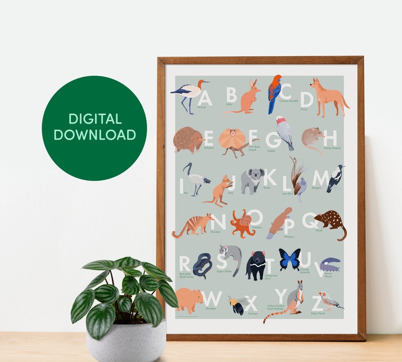 Printable Alphabet Poster Australian Animal Digital Download ABC Print Nursery Decor Children's Educational Art Green image 2