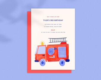 May include: A red fire truck with a yellow light on top and a ladder on the back. The truck has blue windows and a blue hose. The text on the invitation reads "Get fired up for Tyler's 3rd Birthday. Saturday 8th May at 2pm. 127 Main Road, South Port. RSVP by 2nd of May to Anne on 0123 456 789."