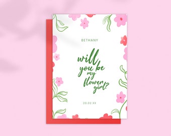 Will You Be My Flower Girl; Flower Girl Proposal: Pink Red & Green Florals. Flowers Bold; Digital Download Editable Template 5x7 Printable