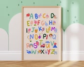Digital Download Alphabet Poster for Children's Nursery. ABC Bright Watercolour Illustrated Print. Printable Poster