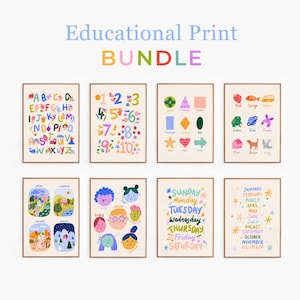 May include: A bundle of eight educational prints with colorful illustrations. The prints feature the alphabet, numbers, shapes, colors, emotions, days of the week, seasons, and months. The text "Educational Print BUNDLE" is at the top.
