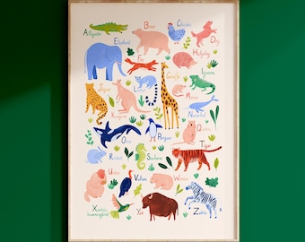 Animal Alphabet Poster for Children's Nursery. ABC Bright Watercolour Animals