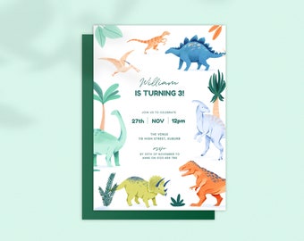 Children's Birthday Party Invitation: Dinosaurs Jurassic Watercolour; Digital Download Editable Template 5x7 Printable