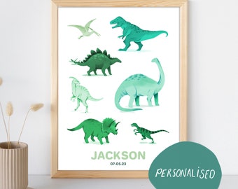 Personalised Printable Dinosaurs Poster. Wall Art. Watercolour. Boys Bedroom Decor. Children's Decor. Educational Digital Download
