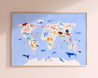 Karte der Tiere mit Weltkarte fürs Kinderzimmer, Kinderzimmer, Klassenzimmer. Lehrreiche Kinder Dekor