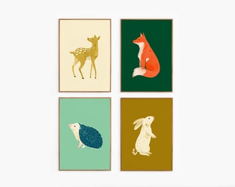 Printable Woodland Wall Art Poster Set. Fawn, Rabbit, Fox, Hedgehog Nursery Decor. Neutral Children's Print. Digital Download