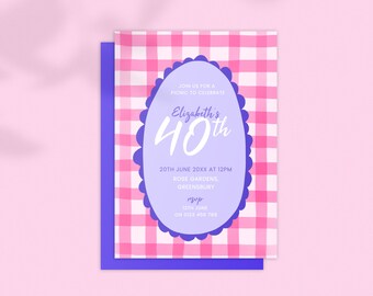 Birthday Invitation: Bright Pink Gingham. Fun Colourful. Casual. Any Age; Digital Download Editable Template 5x7 Printable