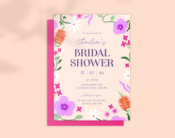 Bridal Shower Invitation: Australian Florals. Wildflowers. Garden. Modern. Colourful; Digital Download Editable Template Printable