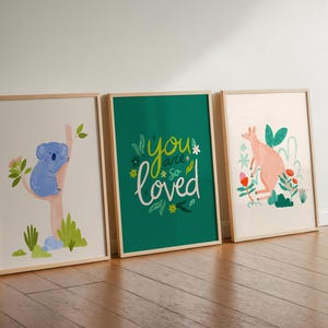 Australian Animal Nursery Prints: Koala, Kangaroo, &#39;You are Loved&#39; Wall Art Set of 3