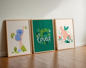 Australian Animal Nursery Prints: Koala, Kangaroo, 'You are Loved' Wall Art Set of 3