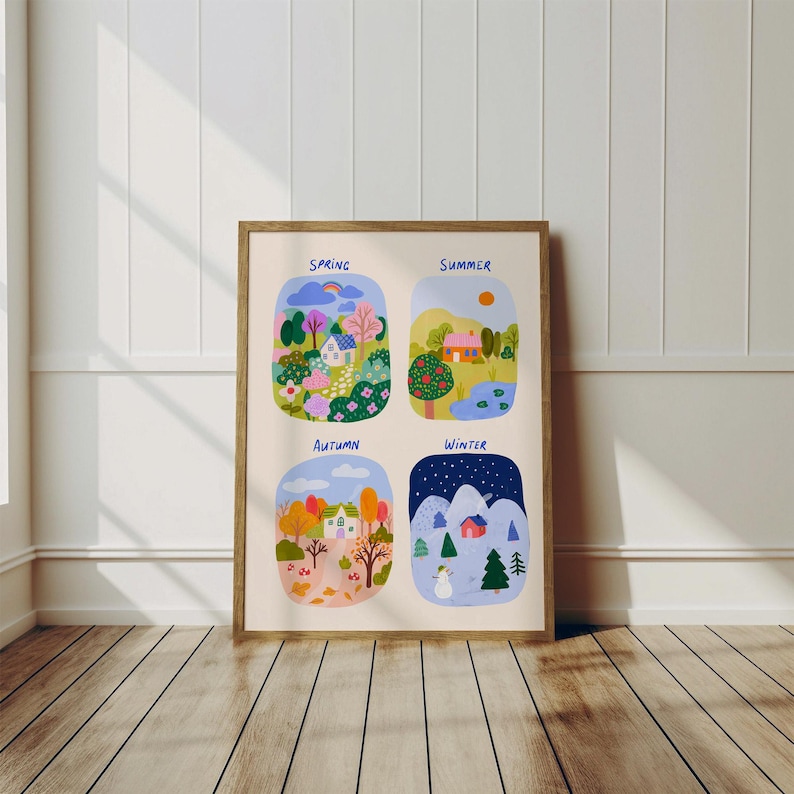 May include: A framed art print depicting four seasonal scenes: spring, summer, autumn, and winter. Each scene shows a landscape with houses, trees, and seasonal elements. The print is in a wooden frame and is displayed on a wooden floor.