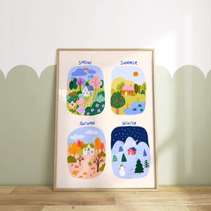 May include: A framed art print showing four seasonal scenes: Spring, Summer, Autumn, and Winter. Each scene illustrates a landscape with houses, trees, and seasonal elements such as a rainbow, sun, and snow. The print is displayed on a wooden floor.