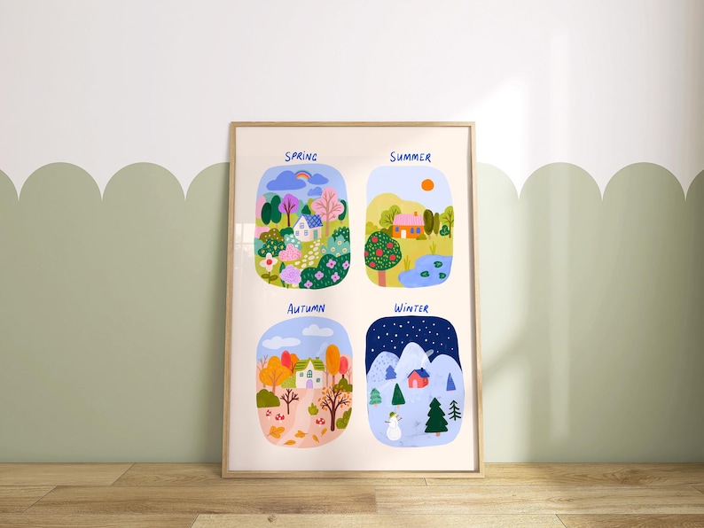 May include: A framed art print showing four seasonal scenes: Spring, Summer, Autumn, and Winter. Each scene illustrates a landscape with houses, trees, and seasonal elements such as a rainbow, sun, and snow. The print is displayed on a wooden floor.