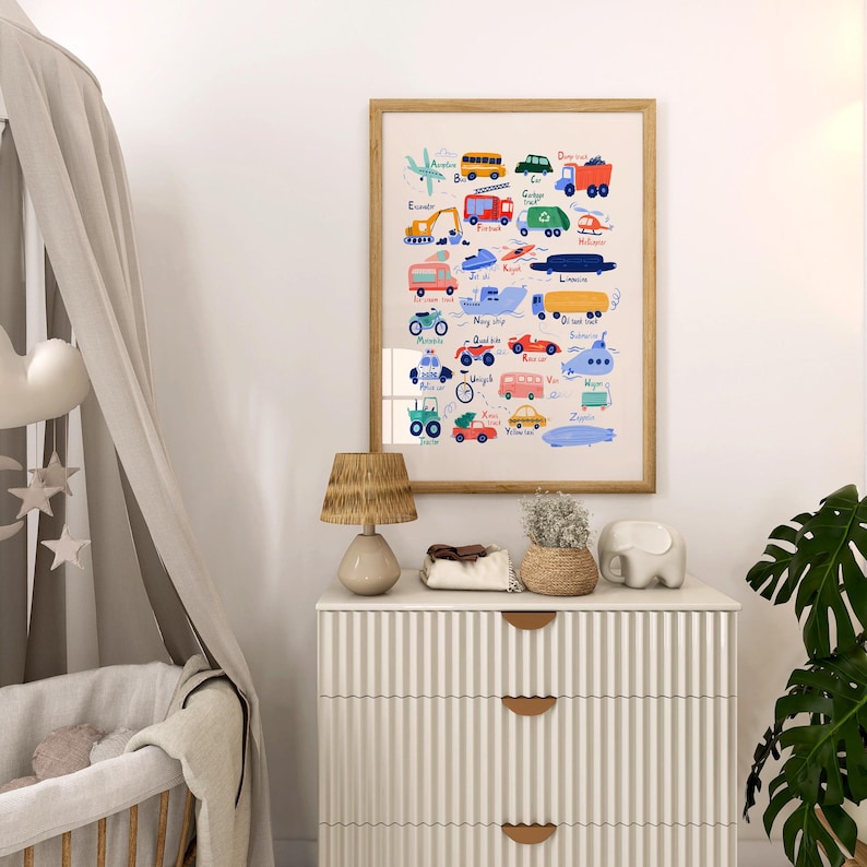 K&ouml;nnte beinhalten: Ein farbenfroher Alphabet-Poster mit Illustrationen verschiedener Fahrzeuge, darunter ein Auto, ein LKW, ein Flugzeug, ein Boot und ein Zug. Jedes Fahrzeug ist mit dem entsprechenden Buchstaben des Alphabets beschriftet.