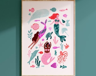 Mermaid Nursery Print: Watercolour Sea Life Decor for Girls Room