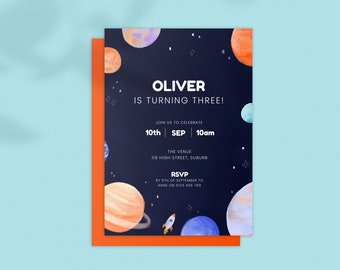 Children's Birthday Party Invitation: Outer Space. Rocket. Planets. Galaxy; Digital Download Editable Template 5x7 Printable