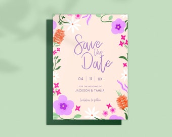 Save the Date: Australian Florals. Wildflowers. Garden Wedding. Modern. Colourful; Digital Download Editable Template Printable