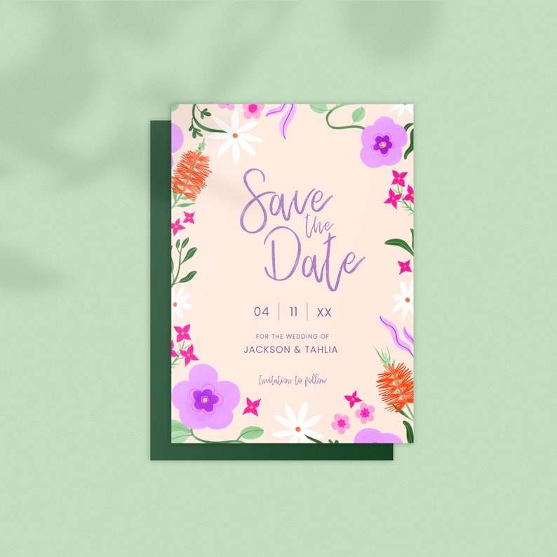 Save the Date: Australian Florals. Wildflowers. Garden Wedding. Modern. Colourful Digital Download Editable Template Printable image 1