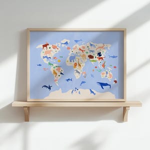 Druckbare Karte der Tiere mit der Weltkarte für's Kinderzimmer, Kinderzimmer oder Klassenzimmer. Lehrreiche Kinder Dekor. Digitaler Download