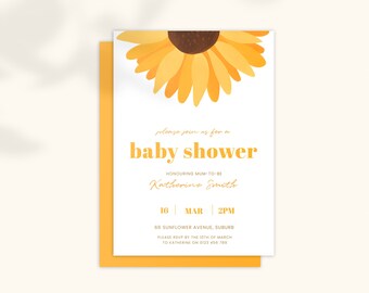 Baby Shower Invitation: Sunflower Floral Yellow Bright. Digital Download Editable Template 5x7 Printable