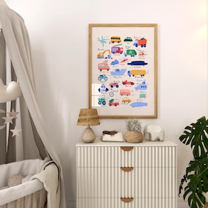 May include: A colorful alphabet poster featuring illustrations of different vehicles, including a car, truck, airplane, boat, and train. Each vehicle is labeled with its corresponding letter of the alphabet.