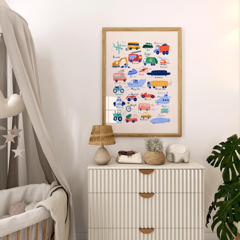 May include: A colorful alphabet poster featuring illustrations of different vehicles, including a car, truck, airplane, boat, and train. Each vehicle is labeled with its corresponding letter of the alphabet.