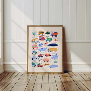 May include: A colorful alphabet poster featuring illustrations of different vehicles, including a dump truck, a fire truck, a helicopter, a police car, a tractor, a yellow car, and a blimp. The poster is on a light beige background.