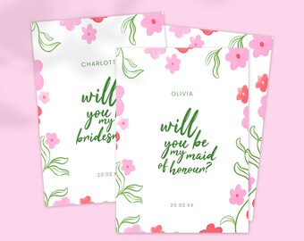 Bridal Party Proposal Bundle; Maid of Honour. Bridesmaid. Flower Girl: Pink Red & Green Florals; Digital Download Editable Template