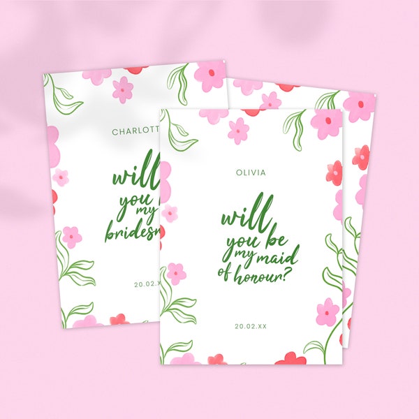 Bridal Party Proposal Bundle; Maid of Honour. Bridesmaid. Flower Girl: Pink Red & Green Florals; Digital Download Editable Template