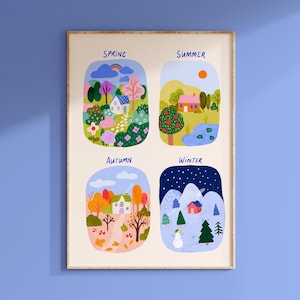 May include: A framed art print illustrating the four seasons: Spring, Summer, Autumn, and Winter. Each scene shows a landscape with houses, trees, and seasonal features such as a rainbow, sun, falling leaves, and snow. The words "Spring", "Summer", "Autumn", and "Winter" are written above each scene.