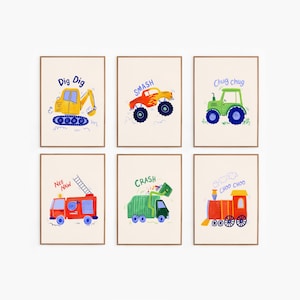 Kids Vehicle Print Set of 6: Truck, Digger, Tractor, Train Wall Art (Digital Download)