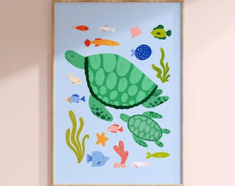 Turtle Mum and Baby Print, Watercolour Sea Life Nursery Print
