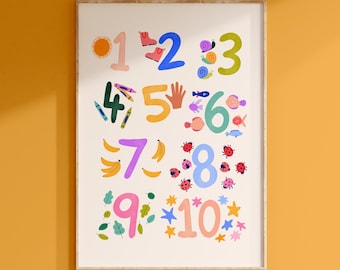 Puede incluir: Un estampado educativo enmarcado con los números del 1 al 10, cada uno con una ilustración correspondiente. Los números son de varios colores, con imágenes de botas, caracoles, crayones y mariquitas. El estampado está diseñado para niños.